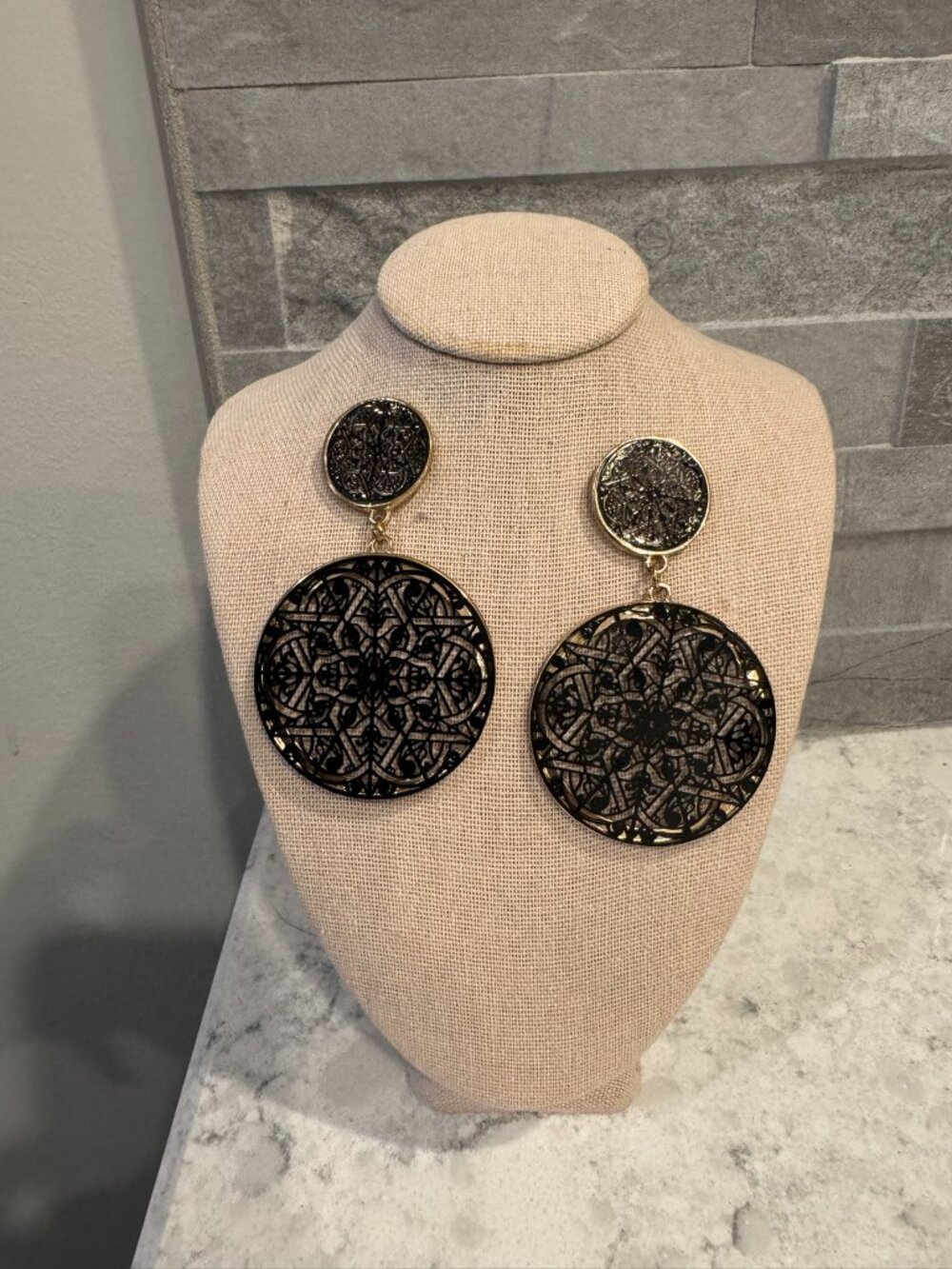 Black and Gold Metal Lace Filigree Dangle Statement Earrings